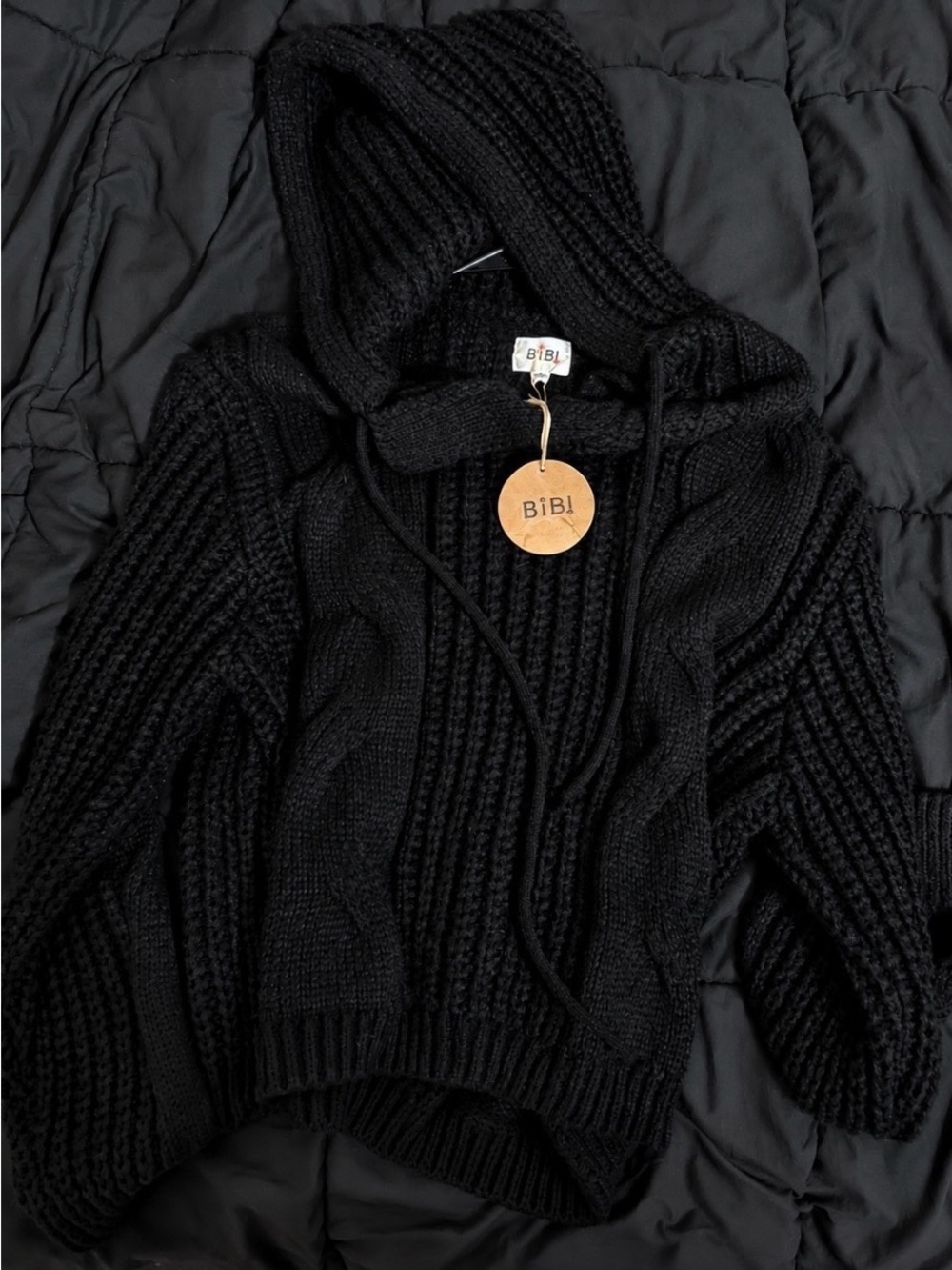 BiBi Black Cable-Knit Hooded Turtleneck Sweater
